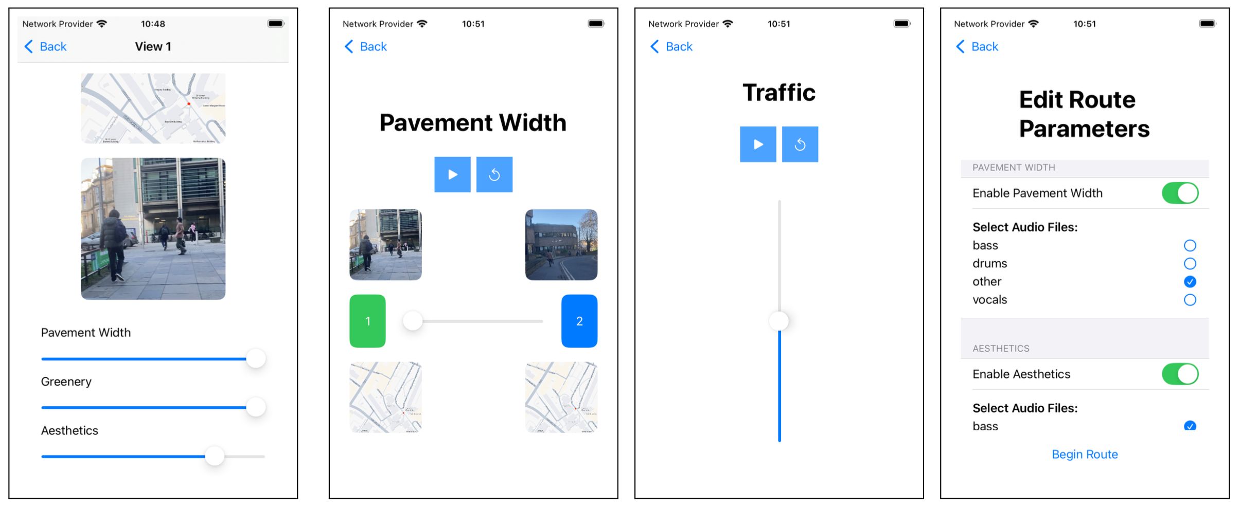 Screenshots of different screens of the study app.